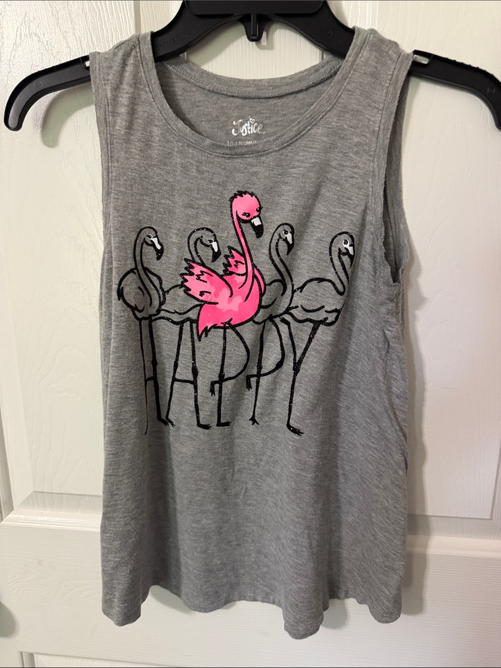 Justice Gray Tank with Bright Pink Flamingo Graphic